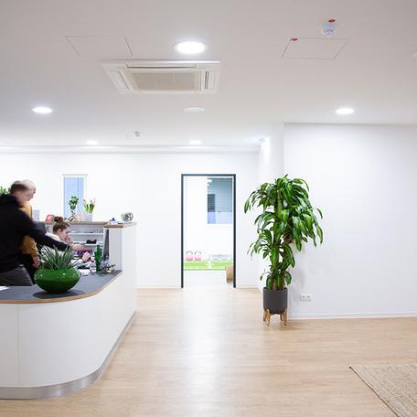 Empfang der Zahnartzpraxis des Gewerbegebaeude Kraemer in Wuppertal mit weissen Waenden, weissen Tresen und Holzboden