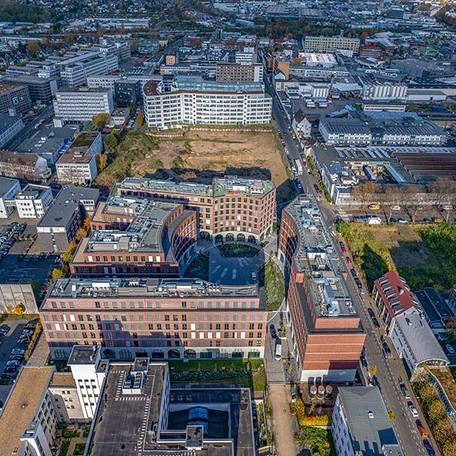 Drohnenaufnahme des Gewerbecampus Ovum in Koeln mit Umgebung
