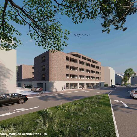 Visualisierung des Bauprojektes auf der Dinxperloerstrasse in Bocholt von aussen mit Klinkerfassade und Balkonen von der Strassenanbindung und Strassenseite aus