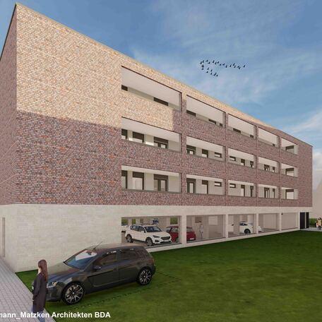 Visualisierung des Bauprojektes auf der Dinxperloerstrasse in Bocholt von aussen mit Fokus auf die Klinkerfassade,&nbsp;Balkone und die Parkplaetze fuer Fahrzeuge
