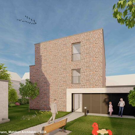 Visualisierung des Bauprojektes auf der Dinxperloerstrasse in Bocholt von aussen mit ein paar Bewohnern und Garten