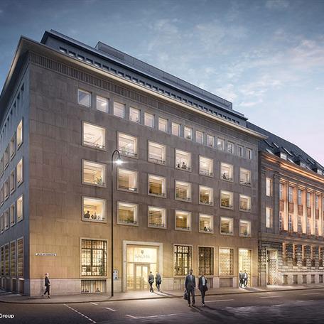 Visualisierung des beleuchteten Buerokomplexes in Koeln von aussen