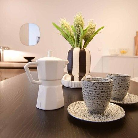 Fokus auf die Deko im Wohnzimmer einer Musterwohnung des Bauprojektes Duesseldorf Oberbilk auf dem Tisch